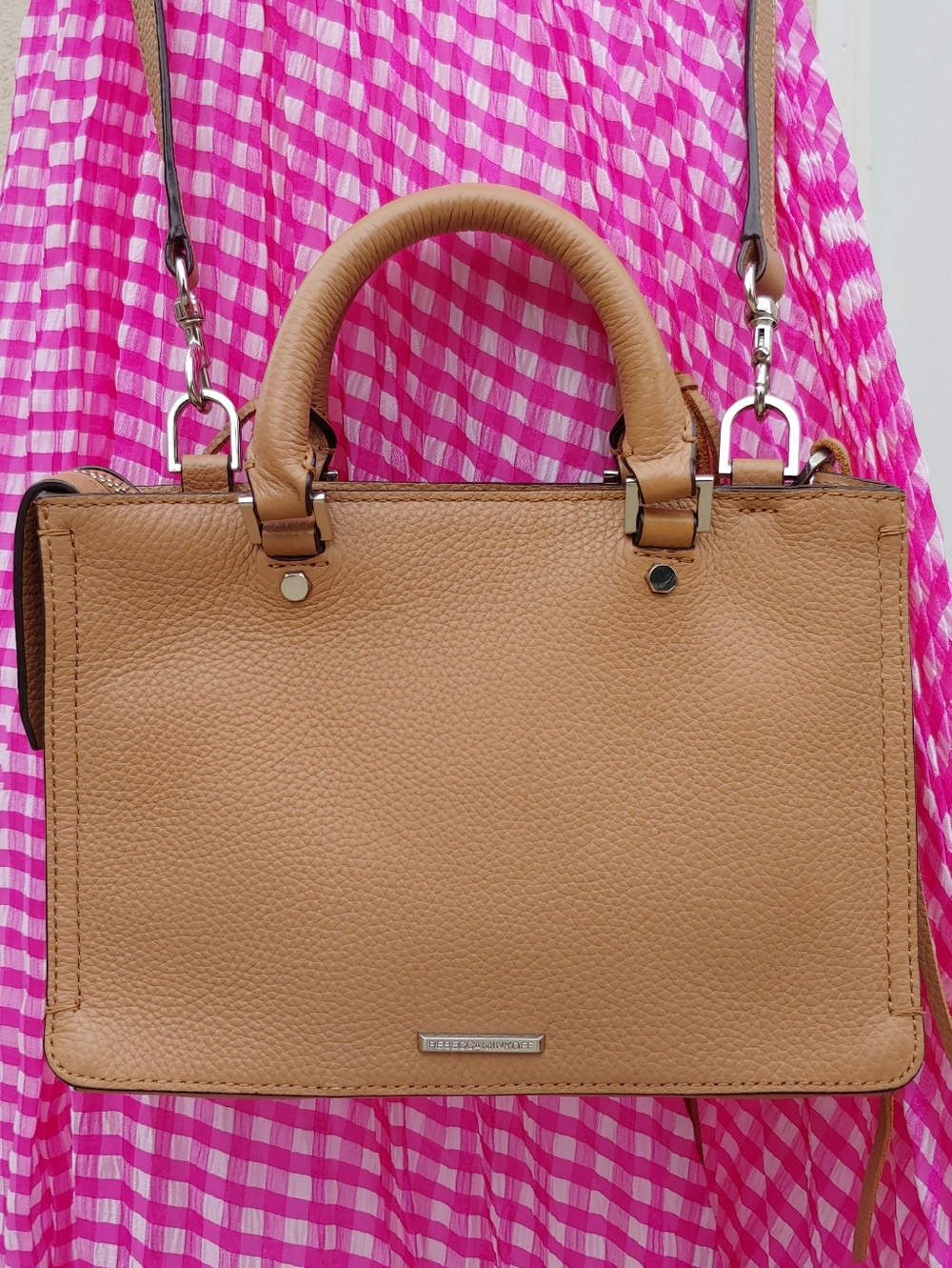 Rebecca Minkoff Regan Satchel Crossbody Bag Tan Pebbled Leather